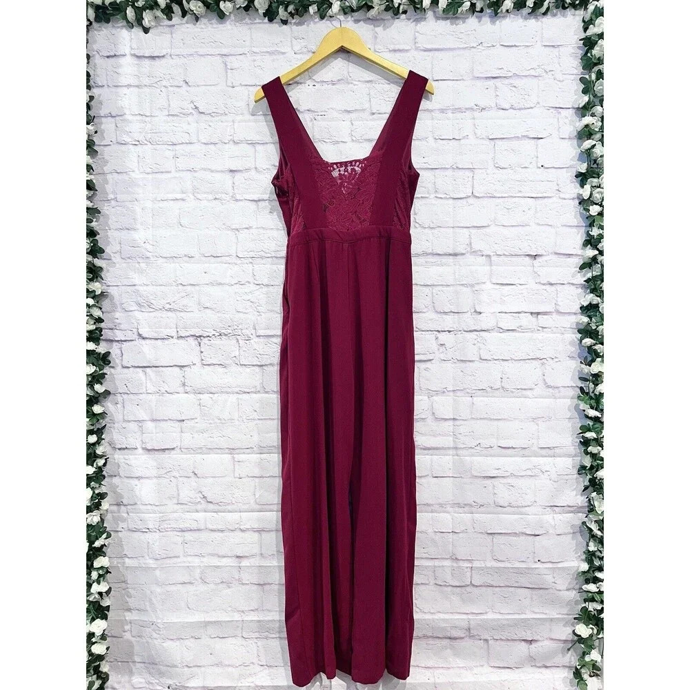 Lulu’s Women's Burgundy Kiska Lace Back‎ Wide Leg Jumpsuit side Pockets Medium - Picture 4 of 16